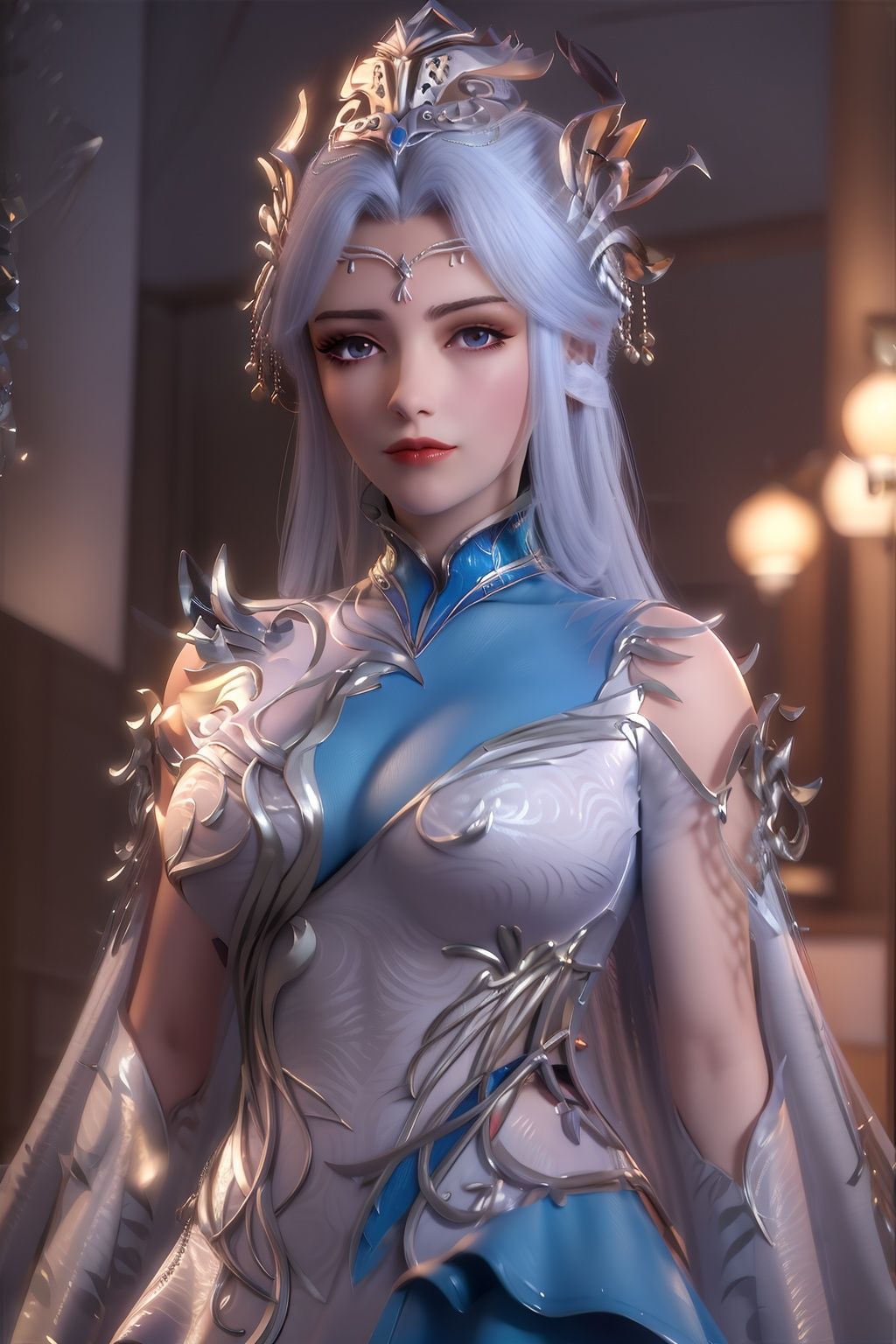 masterpiece,(best quality),official art, extremely detailed cg 8k wallpaper,((crystalstexture skin)), (extremely delicate and beautiful),highly detailed,1girl,solo,long hair,headwear,,standing,(white hair)(closed mouth),(clothing),dress,Headwear, jewelry,  looking at the audience,Facing the camera, ,Outdoor, Street, Sunny,looking_at_viewer, (cleavage, medium breasts), upper body, <lora:hipoly3DModelLora_v10:0.3> <lora:枫岫-百炼成神-宁雨蝶06:0.8>