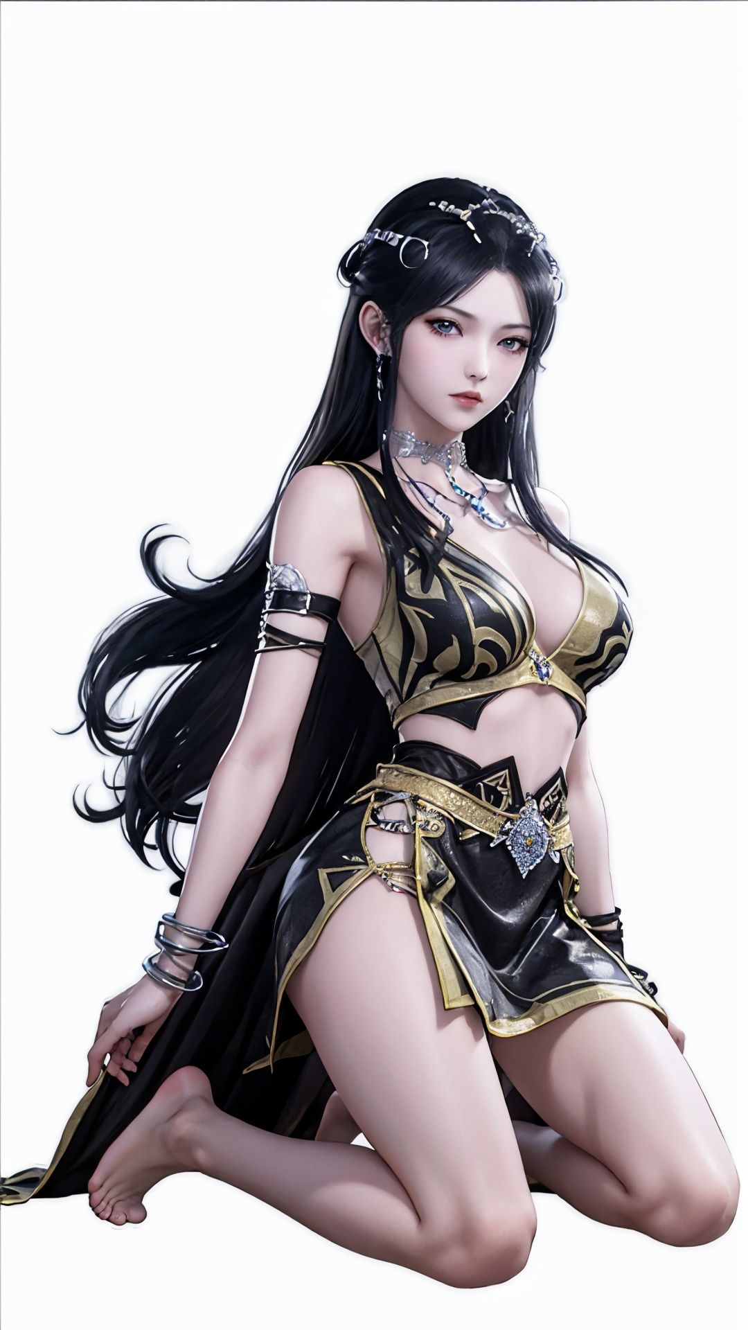 Best quality,masterpiece,lifelike,high definition,A girl,Long black hair,jewelry,Simple background,kneeling&setting on floot,Looking at the viewer,bare feet