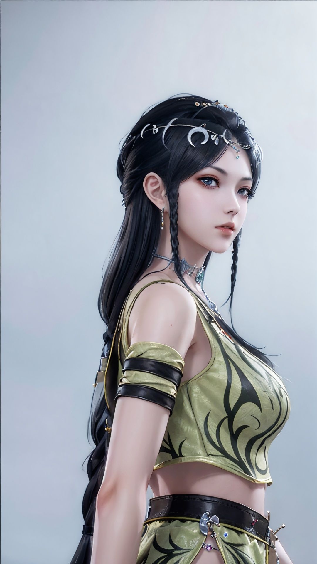Best quality,masterpiece,lifelike,high definition,A girl,Long black hair,jewelry,jewelry,Simple background,stand,Looking at the viewer,