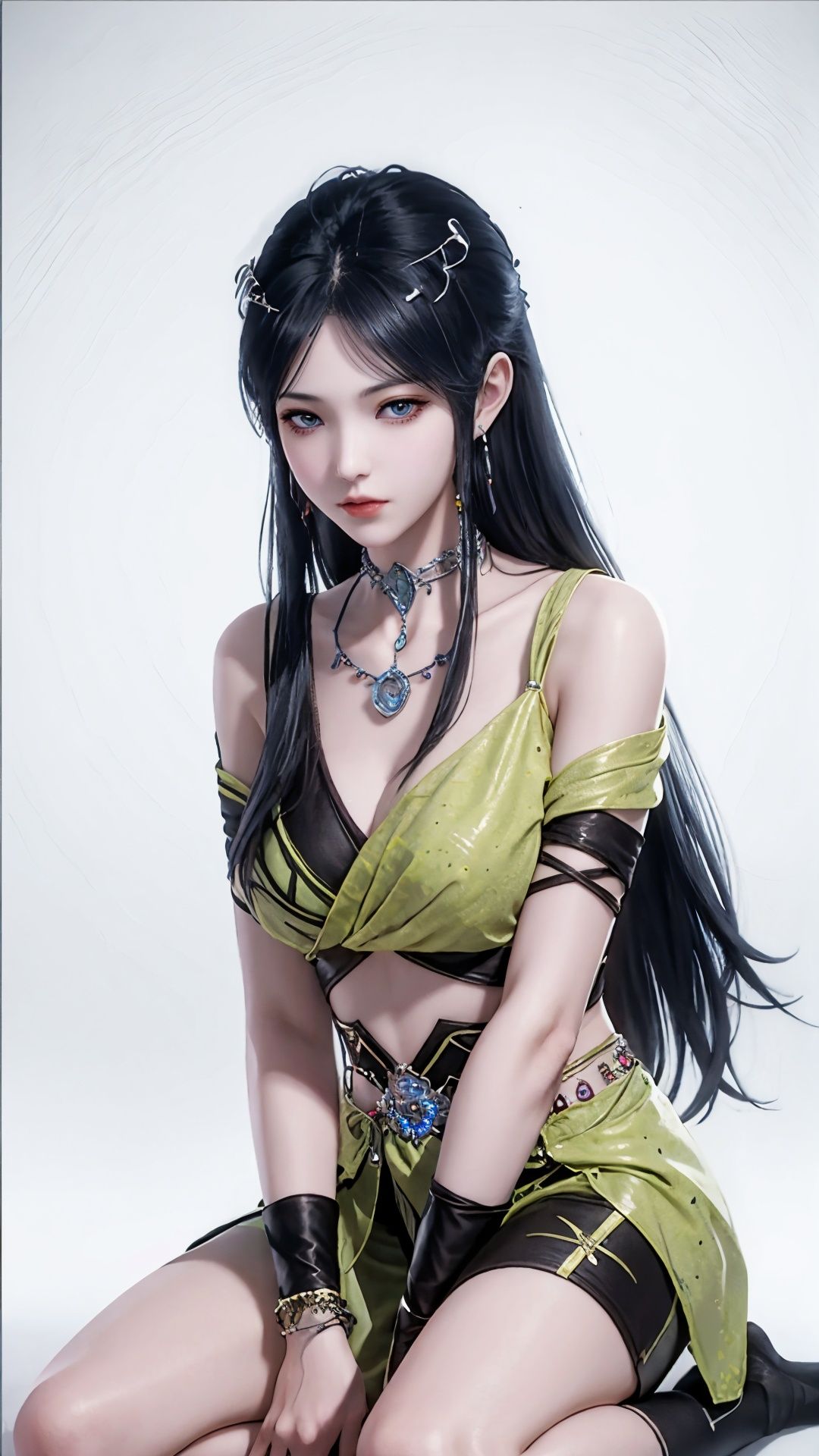 Best quality,masterpiece,lifelike,high definition,A girl,Long black hair,jewelry,Simple background,kneeling&setting on floot,Looking at the viewer,