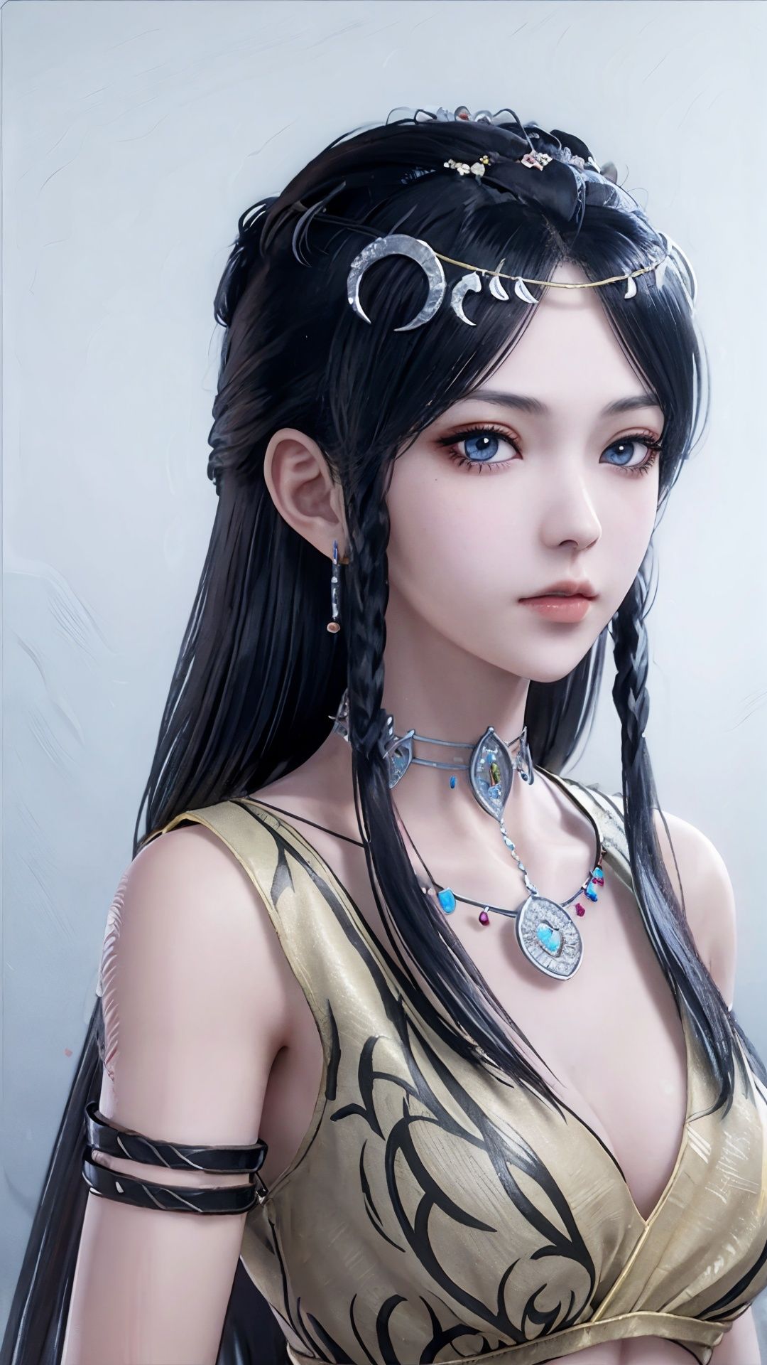Best quality,masterpiece,lifelike,high definition,A girl,Long black hair,jewelry,jewelry,Simple background,stand,Looking at the viewer,