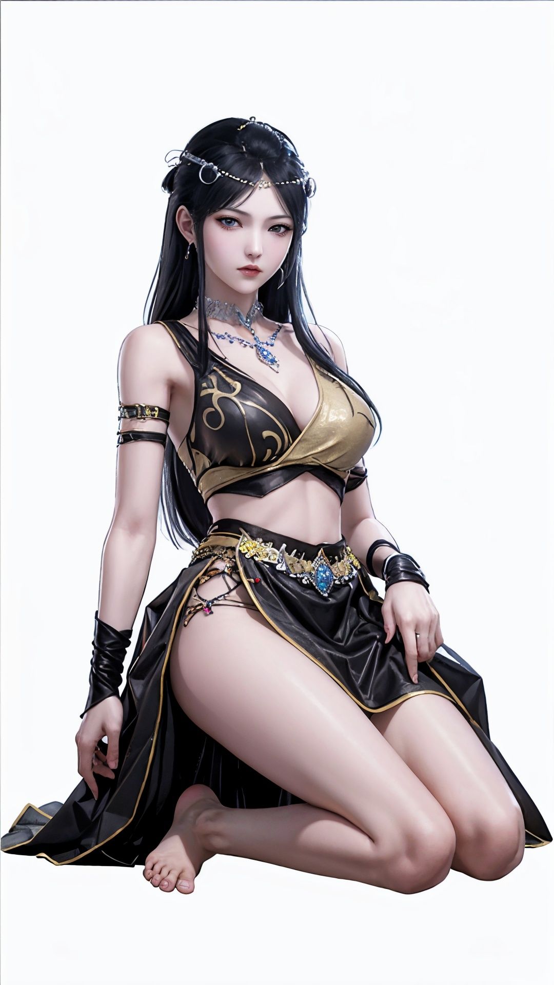 Best quality,masterpiece,lifelike,high definition,A girl,Long black hair,jewelry,Simple background,kneeling&setting on floot,Looking at the viewer,bare feet