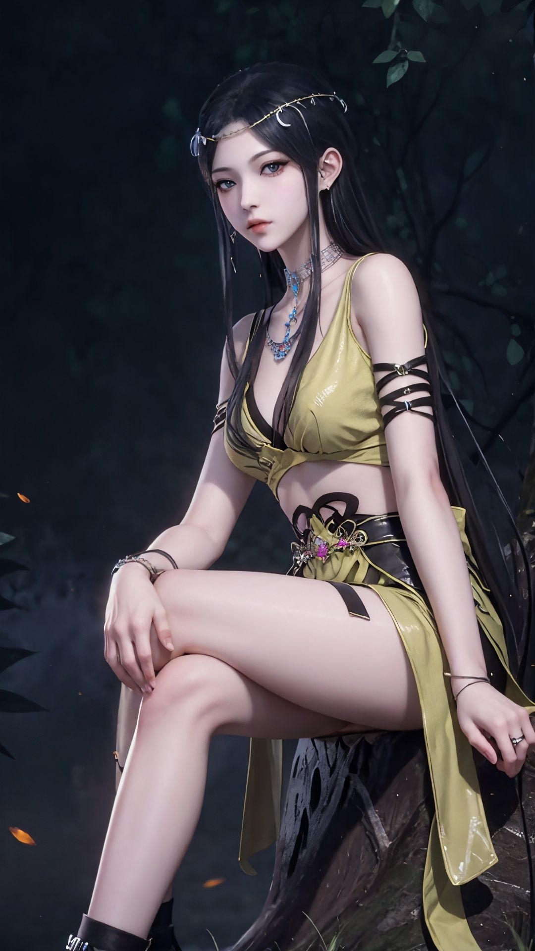 Best quality,masterpiece,lifelike,high definition,A girl,Long black hair,jewelry,jewelry,Simple background,sitting_down,Looking at the viewer,line anime