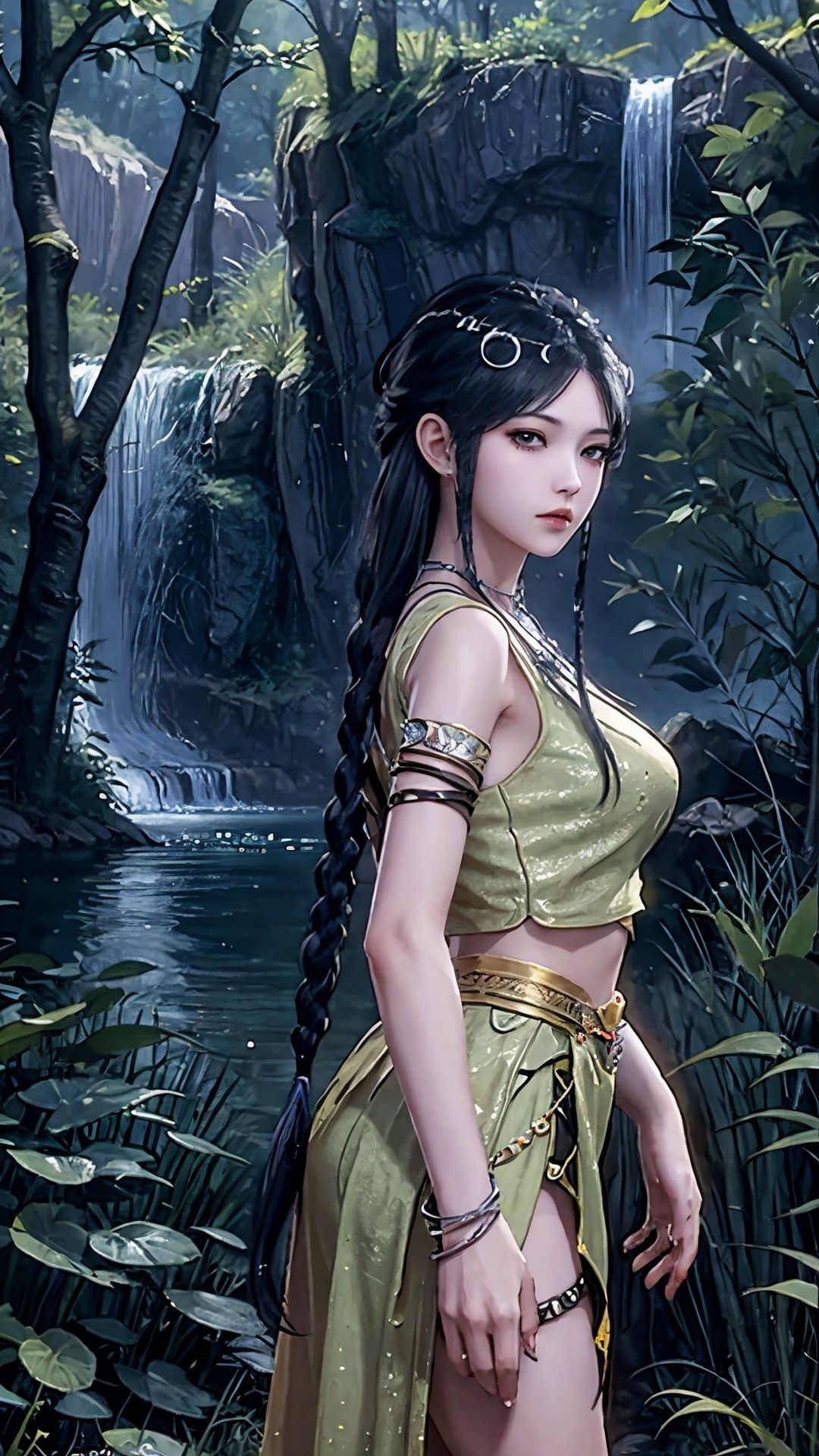 Best quality,masterpiece,lifelike,high definition,A girl,Long black hair,jewelry,Simple background,pray,,Looking at the viewer,bare feet,Forest, waterfall