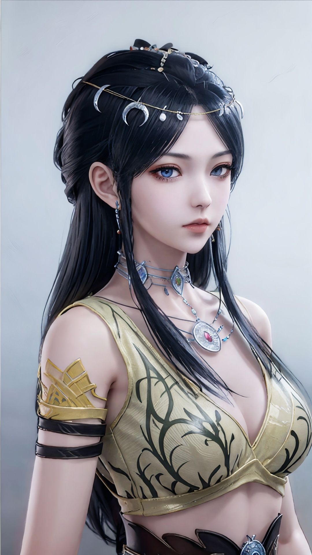 Best quality,masterpiece,lifelike,high definition,A girl,Long black hair,jewelry,Simple background,stand,Looking at the viewer,