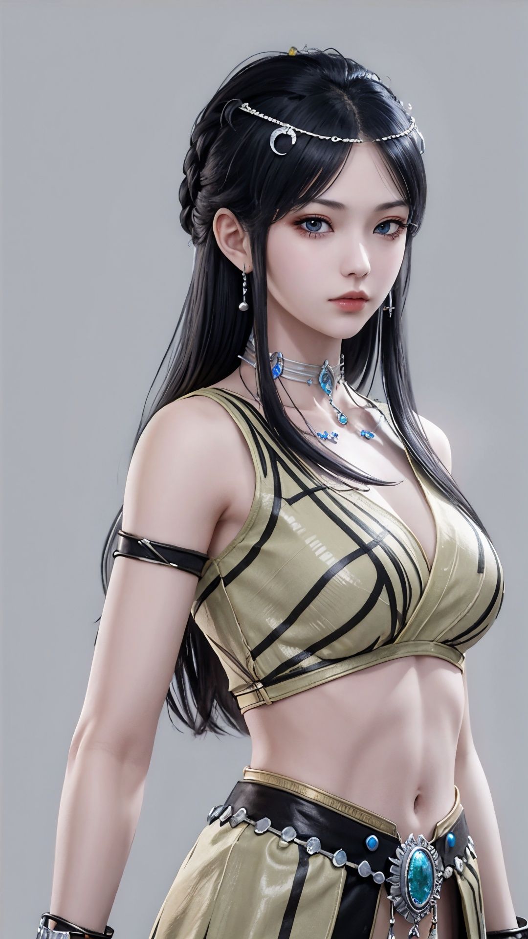 Best quality,masterpiece,lifelike,high definition,A girl,Long black hair,jewelry,Simple background,stand,Looking at the viewer,