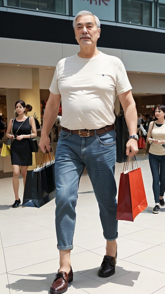 Modern city, large shopping mall, shopping, 1 mature man, short crew cut hair, jeans, casual top, watch, leather shoes, passers-by, other shopping mall goers,