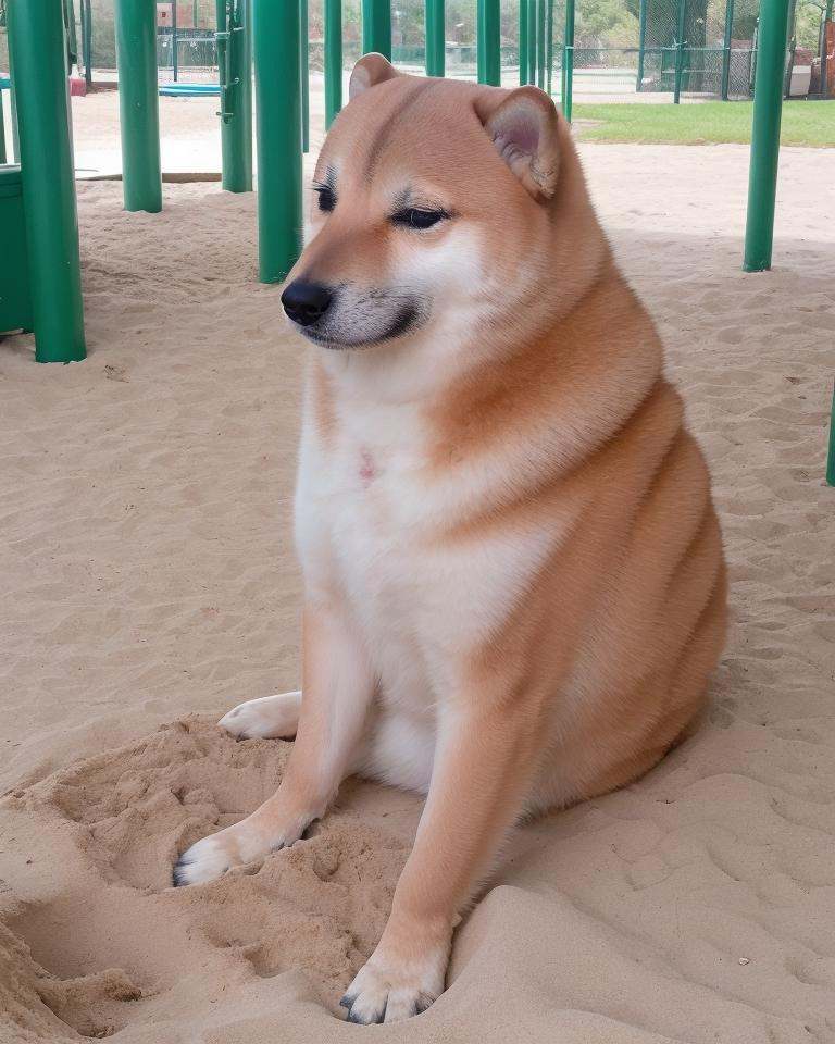 cheems sitting in a sand box at a childrens playground,  dejected and sad,  sunny day outdoors on Tensor.Art