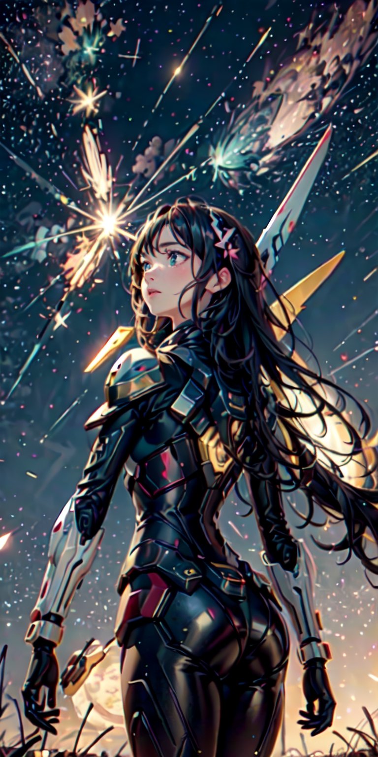 (bottom view),  girl standing in a flower field looking up (full moon),  (shooting stars) on Tensor.Art