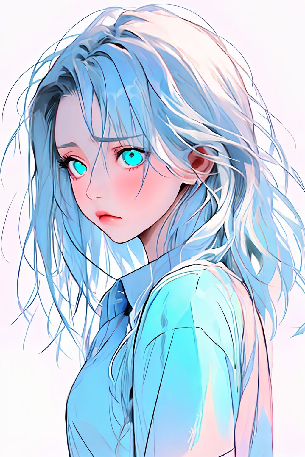 1girl,<lora:neon_v1:0.8>,upper body,blue shirt,blue hair,cyan eyes,sad,