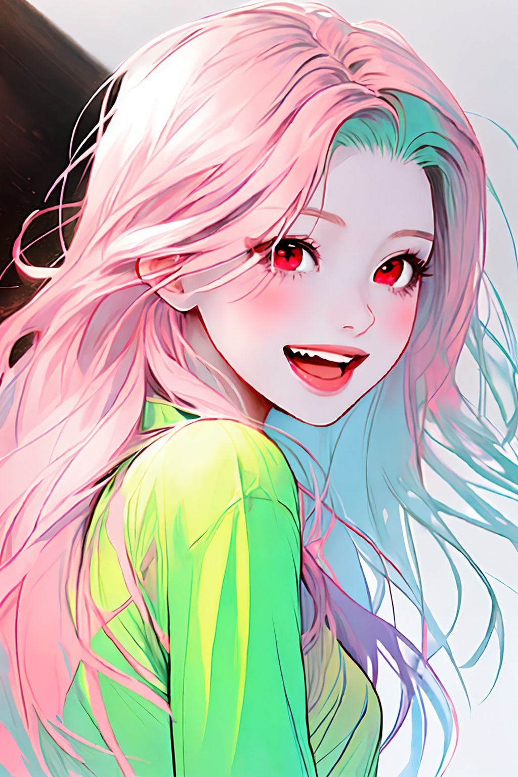 1girl,<lora:neon_v1:0.8>,upper body,green shirt,pink hair,red  eyes,laughing,