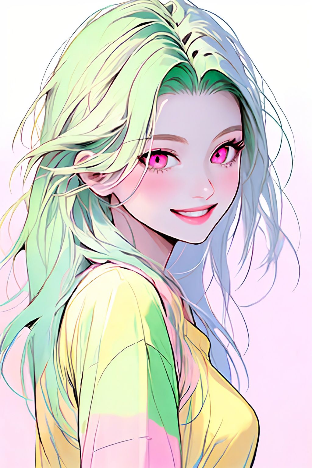 1girl,<lora:neon_v1:0.8>,upper body,yellow shirt,green hair,pink eyes,smile,