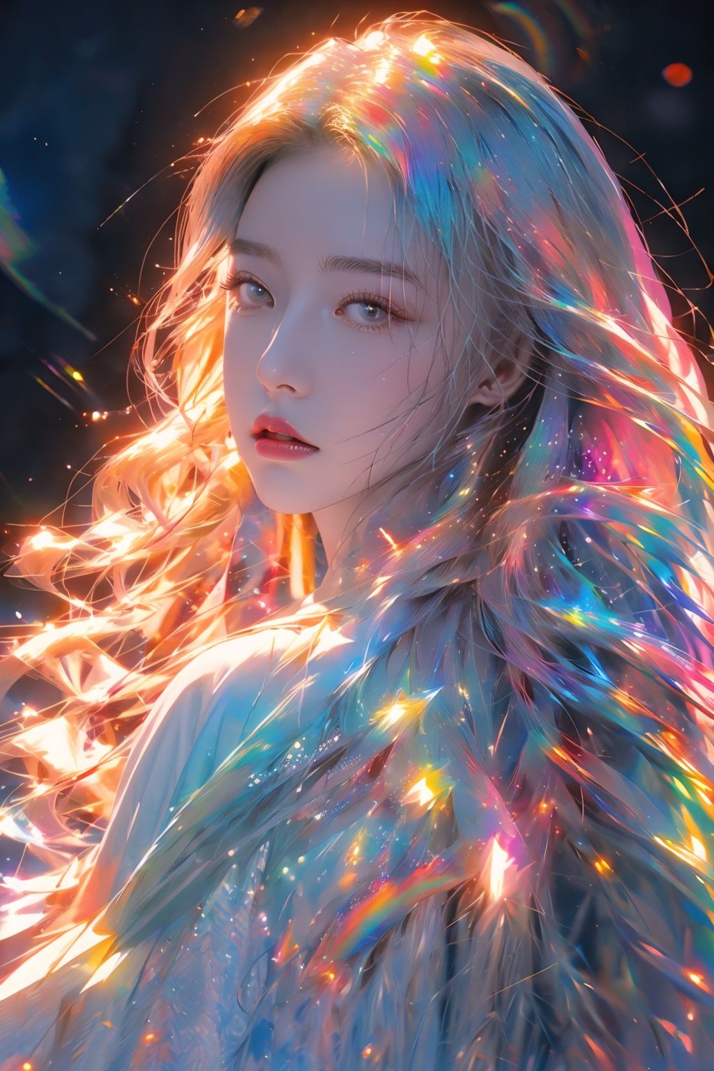 cowboy shot of young woman with beautiful blowing hair and mesmerizing eyes, wearing a flowing red gold dress made of petals, in a serene garden filled with blooming flowers, a representation of beauty and grace, charming, cute, beautiful, ultra detailed, dream like shot, 8k, sunset,((holographic))), (((rainbowish))), expressive, cinematic, dynamic pose,midjourney,1girl