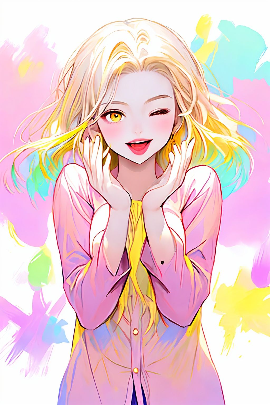 1girl,<lora:neon_v1:0.8>,cowboy shot,pink shirt,yellow hair,yellow eyes,:p,one eye closed,hands up,bunches,