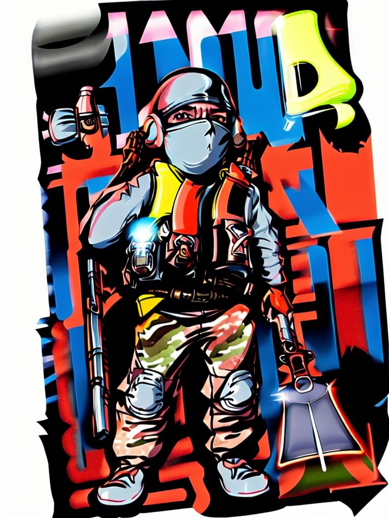<lora:涂鸦壁纸_Graffiti-000006:1.1>,masterpiece,best quality,tuya, weapon, gun, 1boy, bandana, gloves, mask, male focus, dated, fingerless gloves, solo, military, holding, brown eyes, signature, camouflage, mouth mask, uniform, shell casing, explosive, helmet, holding weapon, pants, holding gun, military uniform, vest, shoes, rifle, looking at viewer, black gloves, camouflage pants, assault rifle, grenade