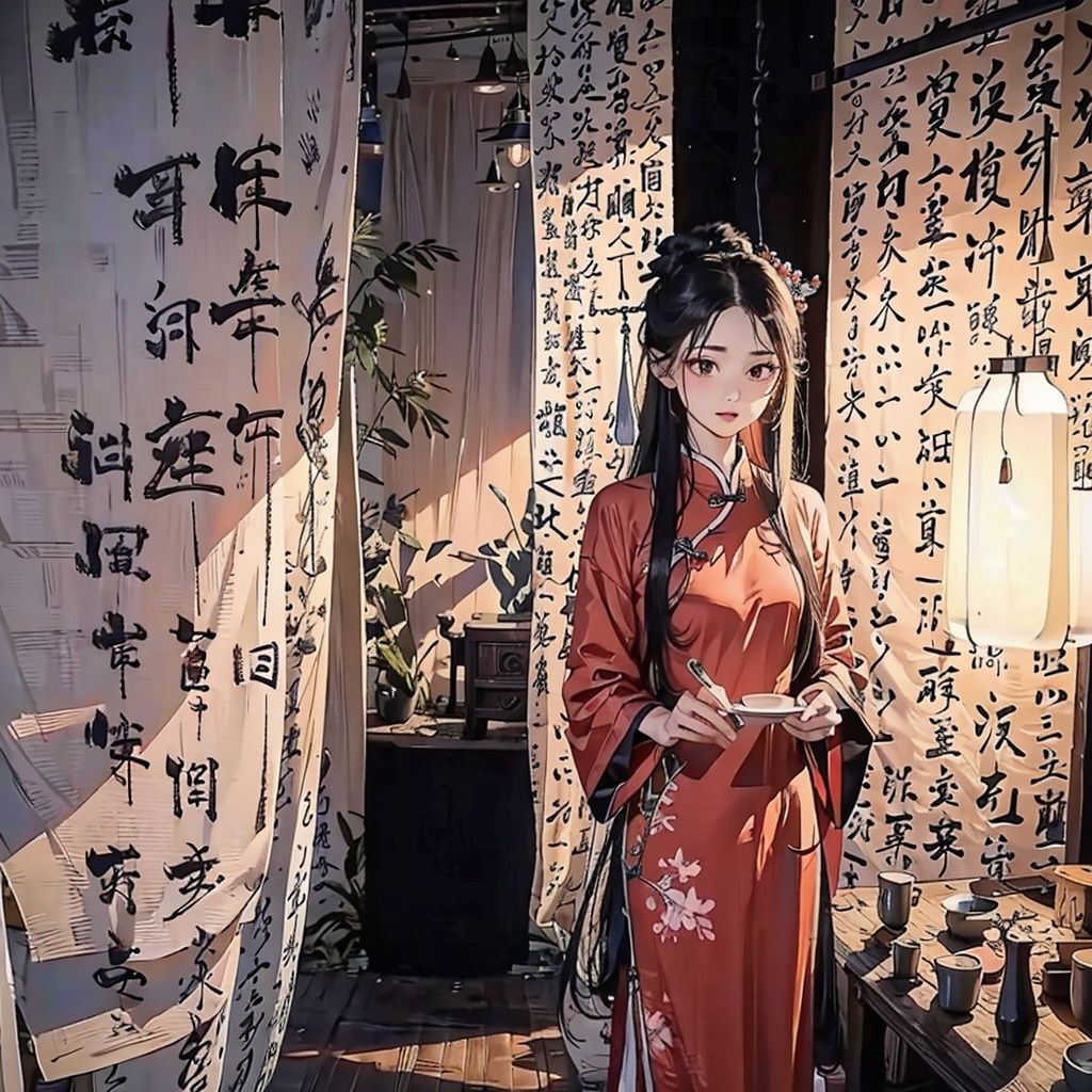  masterpiece,best quality,ultra high res,1girl,china dress,long hair,kanju shufabackground,,kanju shufa background