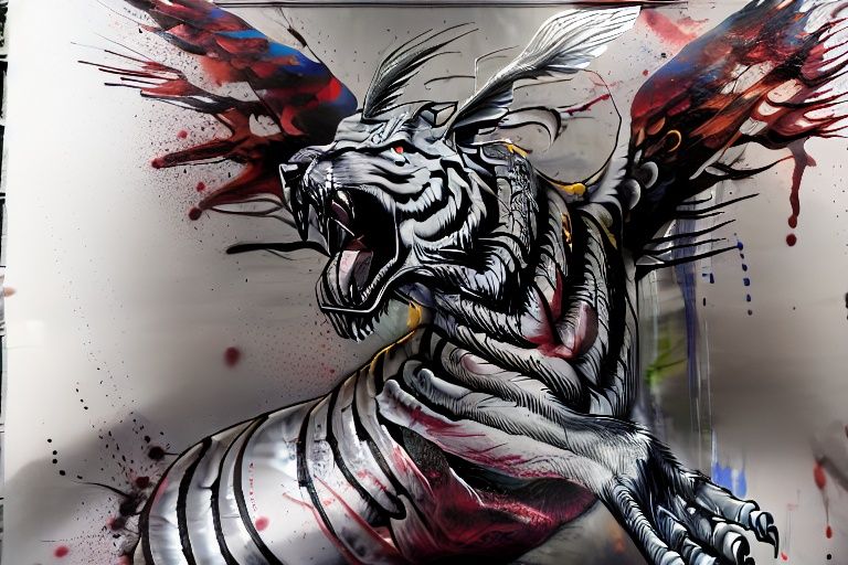 <lora:涂鸦_Graffiti-000000:1.1>,masterpiece,best quality,graffiti,no humans,traditional media,blood,solo,open mouth,wings,blood splatter,sharp teeth,teeth,from side,