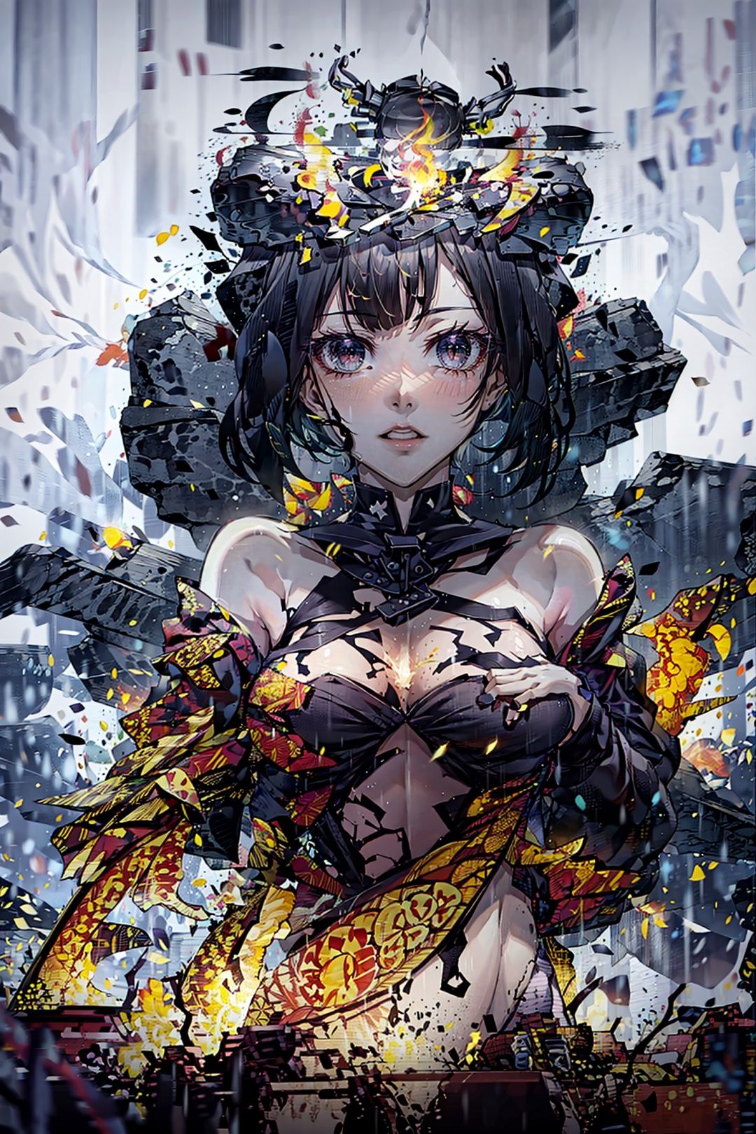 Audrey Hepburn, dancing, full body, night, head close-up, evil temperament, facial features preserved, white flame flowing inside, rain, simple background, eyes looking at the viewer, super complex structural design, graffiti art, colorful,leihua