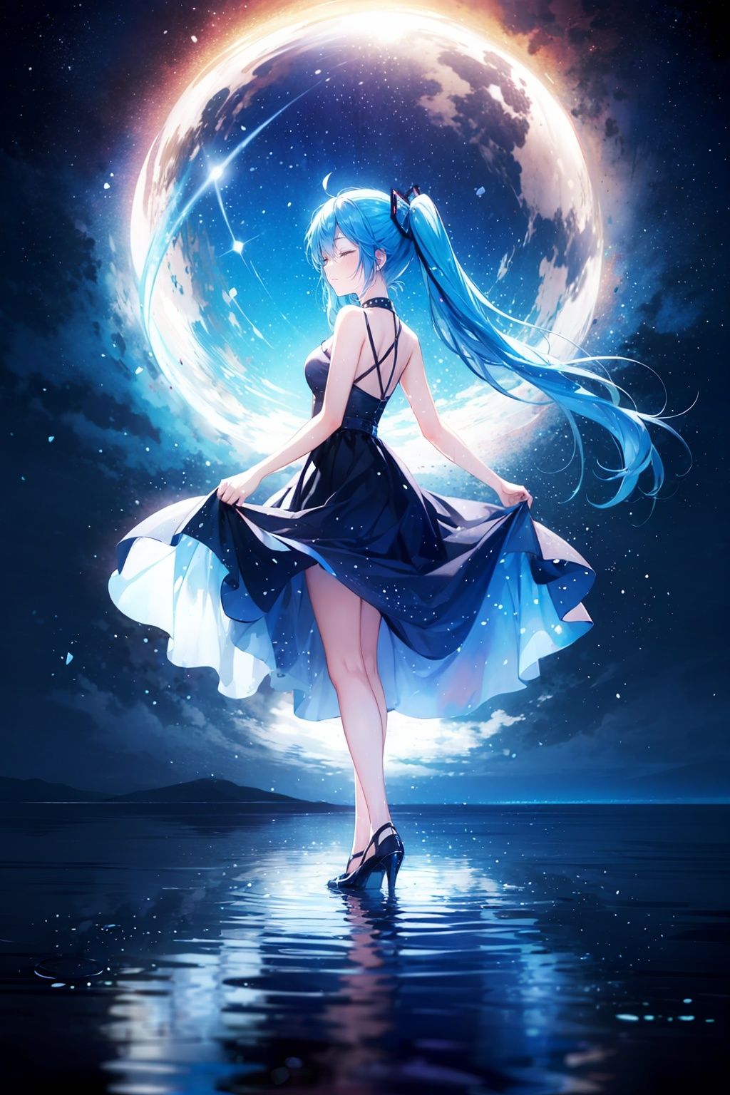  (english text:1.25),(from side), blue theme, (walking_in_liquid), standing_on_liquid, reflective_water, night, only water, (head down), closed eyes, skirt hold,(the surface of the water reflected the brigh stars), light_particles,1girl, very long hair, twintails, solo, hatsune miku, dress, blue hair, full body,water surface, reflection, star (sky), starry sky,,