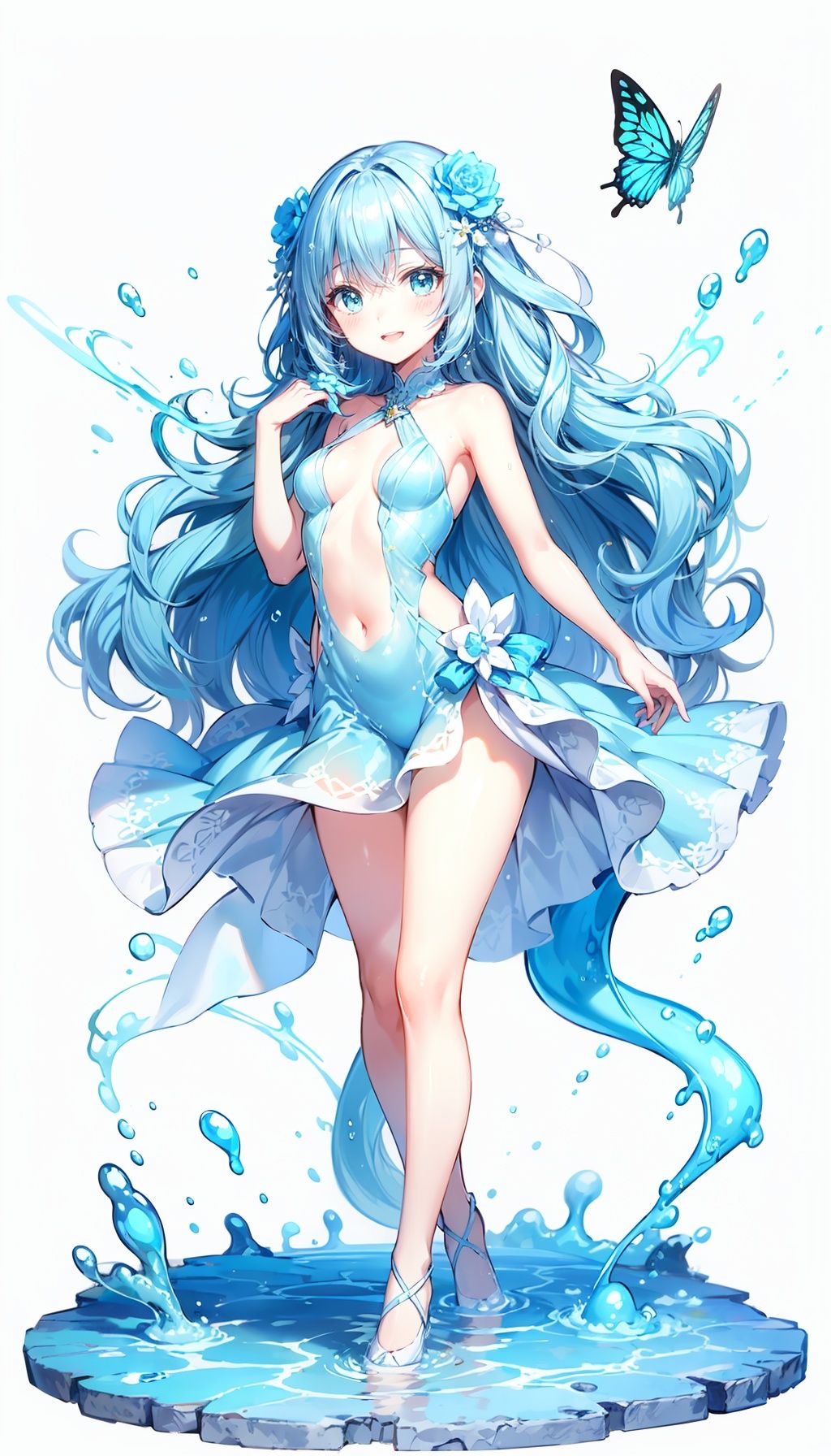 masterpiece, highly detailed,small breasts,1girl,wavy hair, [cyan hair:cyan tentacle:0.5], long hair,[skin: cyan slime mucus:0.9],slime,Navel,curvy,[Translucent dress: cyan slime mucus:0.5],[body: cyan slime mucus:0.5],(([Prism:[[Magics circle: cyan water:0.7]:[cyan Magics circle: cyan slime:0.4]:0.2]]:0.2]:1.01):1.13),around,[starry sky:0.9], [reflective:0.7], fluid effects,[Ray tracing:0.5],wet,loli, expressionless,(+++a girl with lightblue long gradient hair and blue aqua eyes:1.2+++),with butterfly,standing , constricted pupils, (beautiful detailed eyes) , :d,(hair flowers),small breasts, long bangs,hime cut,(solo:1.5),white background,(long shot:0.95),(full body,tachi-e),Dynamic angle,(Bottle bottom:0.6),(swirl:0.6),∞