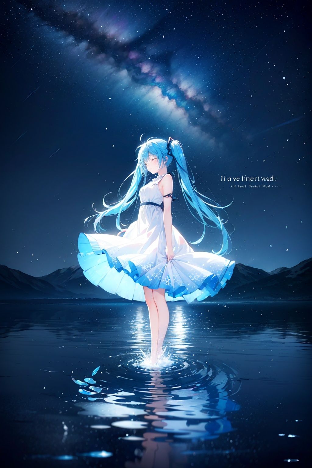 (english text:1.25),(from side), blue theme, (walking_in_liquid), standing_on_liquid, reflective_water, night, only water, (head down), closed eyes, skirt hold,(the surface of the water reflected the brigh stars), light_particles,1girl, very long hair, twintails, solo, hatsune miku, dress, blue hair, full body,water surface, reflection, star (sky), starry sky,