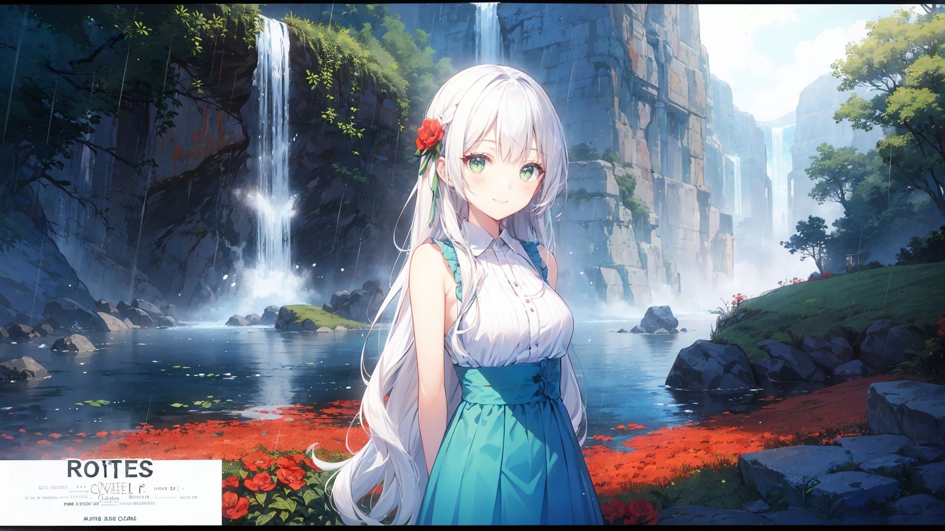  red flowers,(rainy, waterfall),(1girl, loli,cute,white hair, long hair, wavy hair,smile, green eyes,arms behind back,looking at the viewer),solo,((upper body)), (wide shot, panorama,depth of field), mid shot, inside,cave, a big blue pond,rocks, stone ,column, dreamy,fog,(movie poster,english text)

