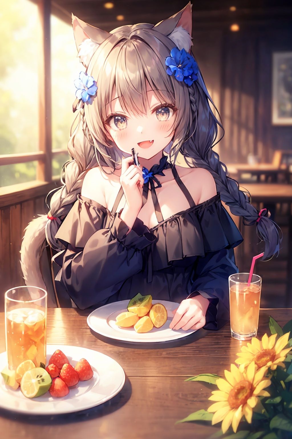 animal ears, 1girl, blurry background, hair ornament, flower, looking at viewer, open mouth, hair flower, smile, blurry, braid, fang, solo, drinking straw, animal ear fluff, blush, dress, long hair, sitting, :d, bare shoulders, table, depth of field, twin braids, cup, bangs, cat ears, orange slice, off shoulder, food, drinking glass, elbows on table, chair, fruit, drink, grey eyes, off-shoulder dress, blue flower, upper body<lora:LAM V6:1>