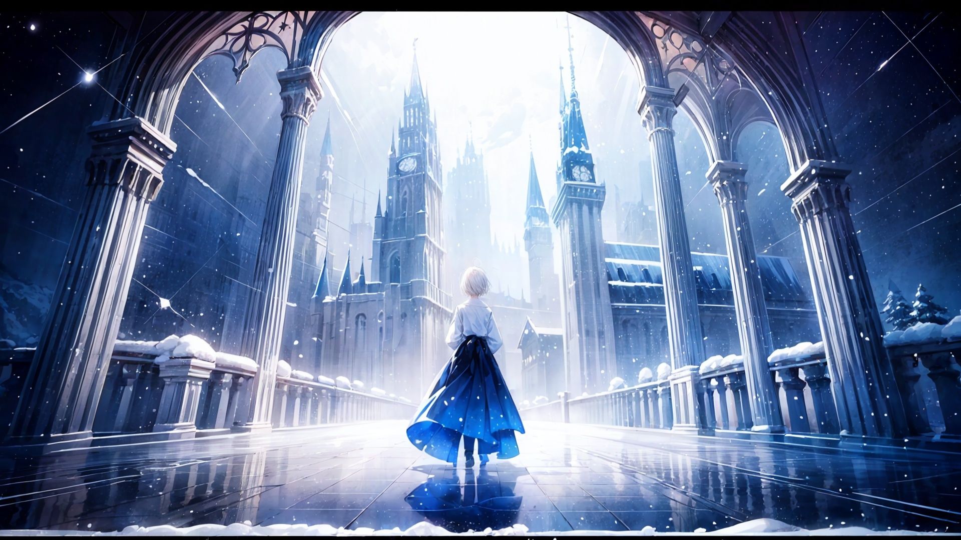 (1girl, solo, white hair,  medium hair), mid shot,  wide shot, (distant view),  panorama,  phantasmal,  surreal,  dreamscape,  castle,  night,  blue moon, snow, snowflakes,  bell towers,  glass,  reflections,  (central composition,  Centered Composition and Symmetry),  (back to camera:1.3),  backlight, full body, standing on the bridge