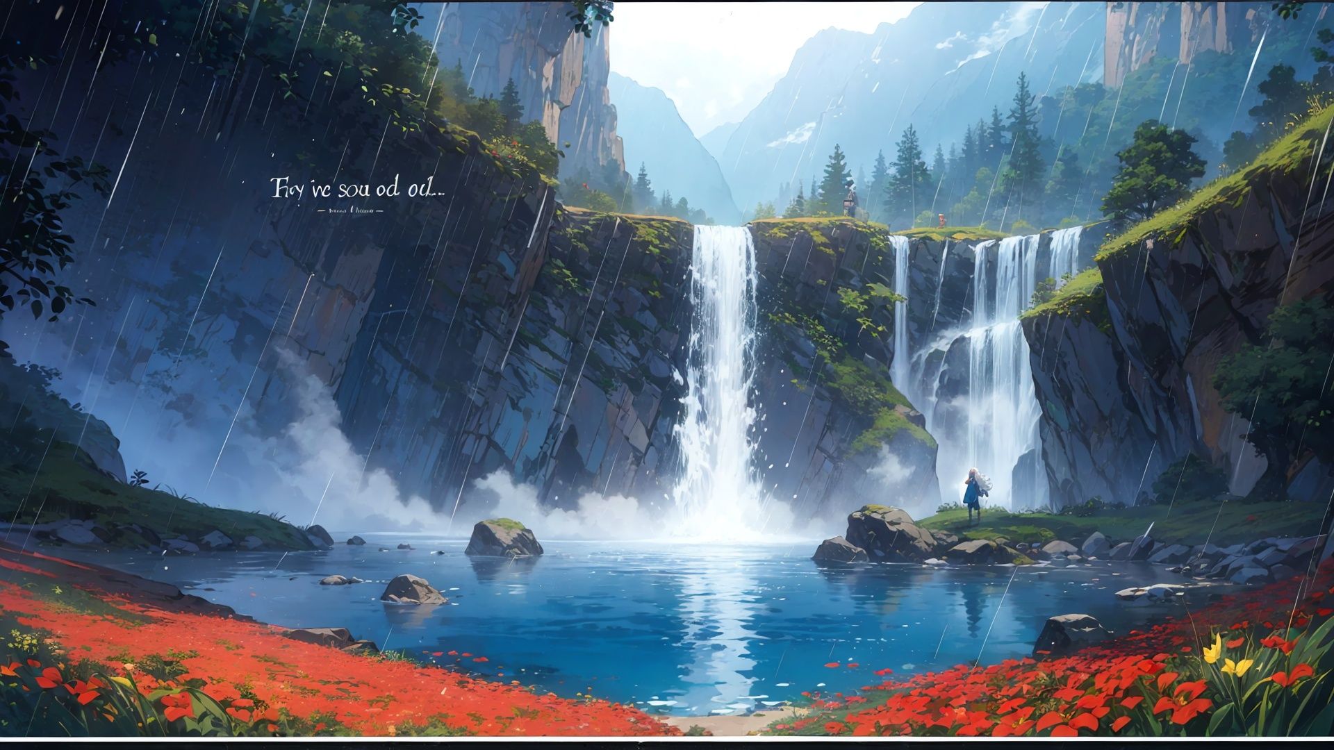  red flowers,(rainy, waterfall),(1girl, loli,cute,white hair, long hair, wavy hair,smile, green eyes,arms behind back,looking at the viewer),solo,(upper body, wide shot, panorama,depth of field, mid shot), inside,cave, a big blue pond,rocks, stone ,column, dreamy,fog,(movie poster,english text)

