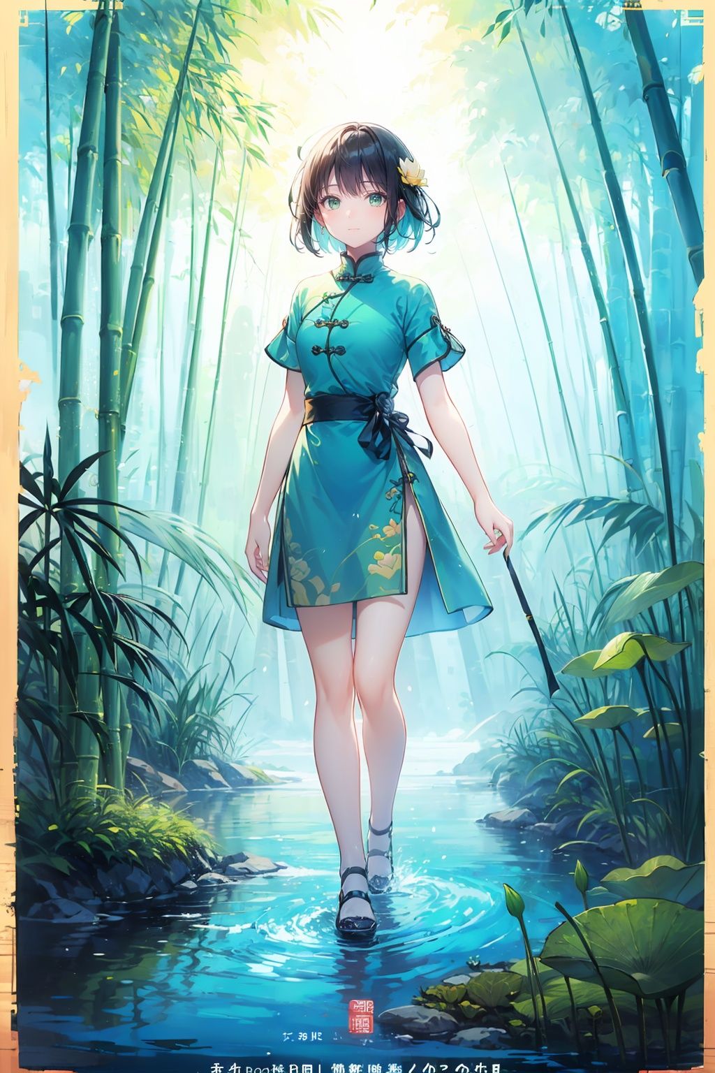 ((Ancient_Chinese_architecture)), (short sleeves), ((lotus,river,aqua_china_dress)),((spotted light,bamboos)),(black hair, short hair),(green eyes),(movie poster),(dew on leaves),(full body,wide shot,depth of field,panorama,mid shot)