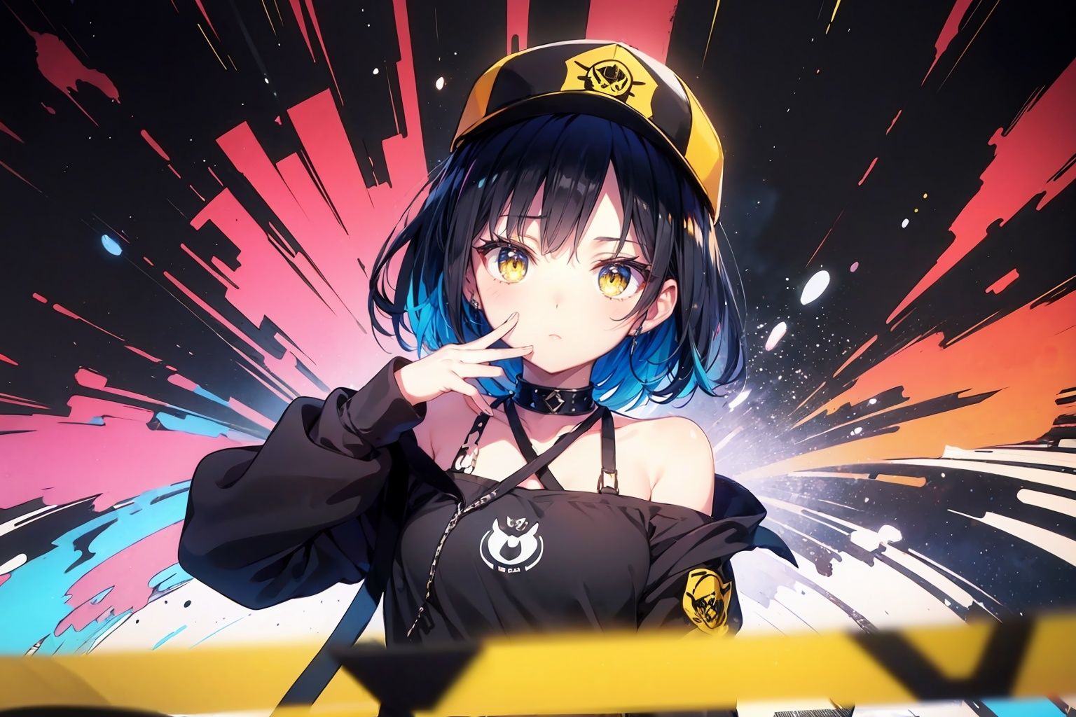 gesugao,//,Presenting an artwork in an anime-style, this vibrant piece features a flat, matte rendering dominated by black and yellow colors. The composition centers around a teenage girl with black hair, showcasing characteristic elements of anime aesthetics. She is depicted wearing a duckbill cap, black knee-high socks, and a punk-inspired outfit, including a shoulder cape and sneakers. The artwork captures the essence of both anime and punk cultures, blending unique individuality with contemporary aesthetics. To accentuate the rebellious style, a caution tape motif is incorporated, which symbolizes a sense of alertness. The artwork portrays a trendsetting attitude and adds an urban touch with a spray-painted and ink-splattered background. This fusion of anime influences, punk fashion, and street art elements creates a dynamic and edgy visual experience.