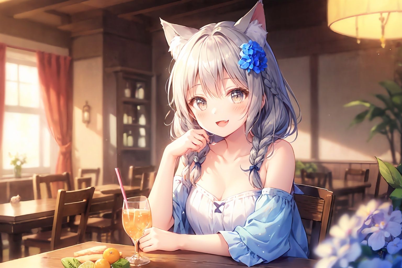 animal ears, 1girl, blurry background, hair ornament, flower, looking at viewer, open mouth, hair flower, smile, blurry, braid, fang, solo, drinking straw, animal ear fluff, blush, dress, long hair, sitting, :d, bare shoulders, table, depth of field, twin braids, cup, bangs, cat ears, orange slice, off shoulder, food, drinking glass, elbows on table, chair, fruit, drink, grey eyes, off-shoulder dress, blue flower, upper body<lora:LAM V6:1>