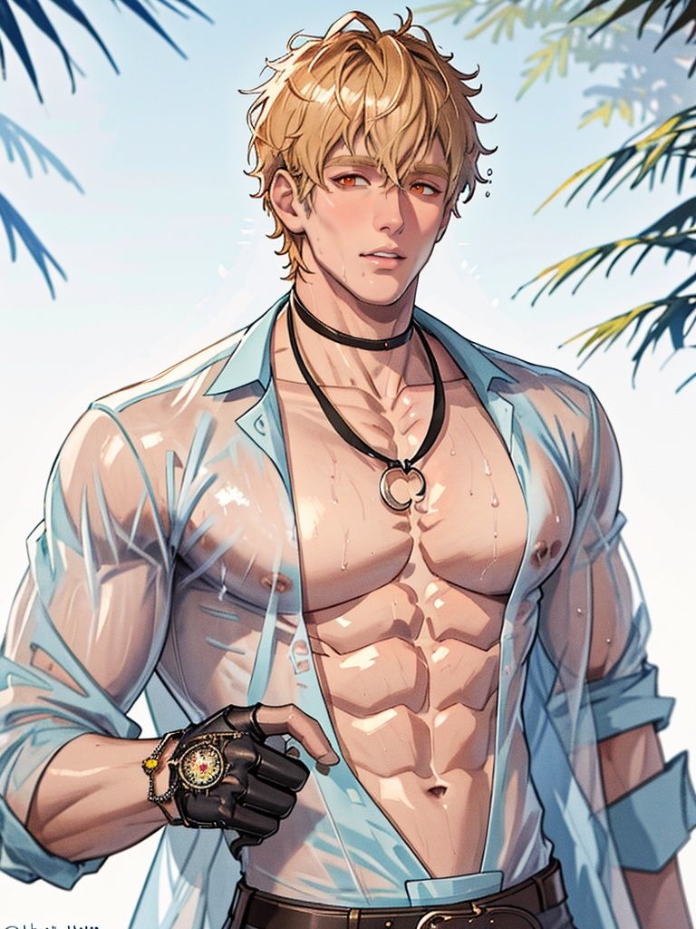 <lora:kunxi:1>,kunxi, 1boy, male focus, pectorals, solo, blonde hair, large pectorals, wet, abs, nipples, muscular, shirt, gloves, muscular male, jewelry, looking at viewer, short hair, wet clothes, bara, see-through, wet shirt, open clothes, black gloves, jacket, white shirt, upper body, choker, covered nipples, necklace, belt, white jacket, twitter username, parted lips, orange eyes, best quality,masterpiece,highres,