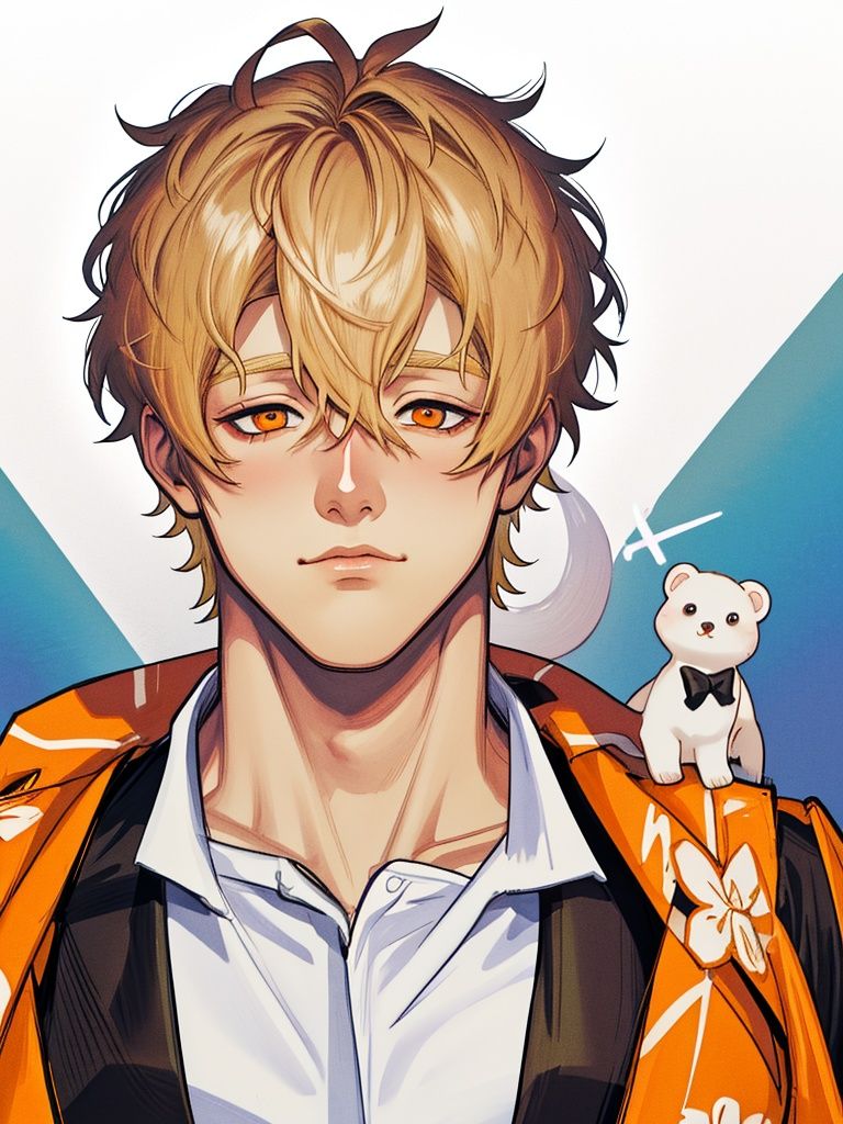 <lora:kunxi:1>,kunxi,male focus,blonde hair,2boys,multiple boys,short hair,animal,brown hair,orange eyes,1boy,looking at another,bear,animal on shoulder,portrait,bags under eyes, best quality,masterpiece,highres,