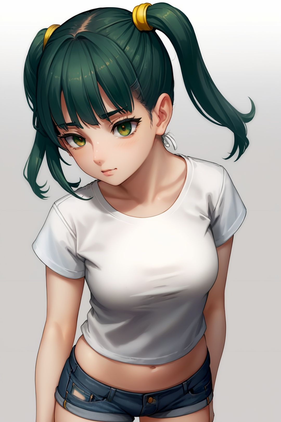 1girl, ass, ass_support, golden_eyes, dark_green_hair, blush, breasts, eyebrows_visible_through_hair, from_above, grey_background, denim_shorts, white t-shirt, looking_at_viewer, long_twintails, simple_background, skin_tight, solo, thigh_gap, 1girl, **** girls, navel, (lending_forward:1.4), as109,