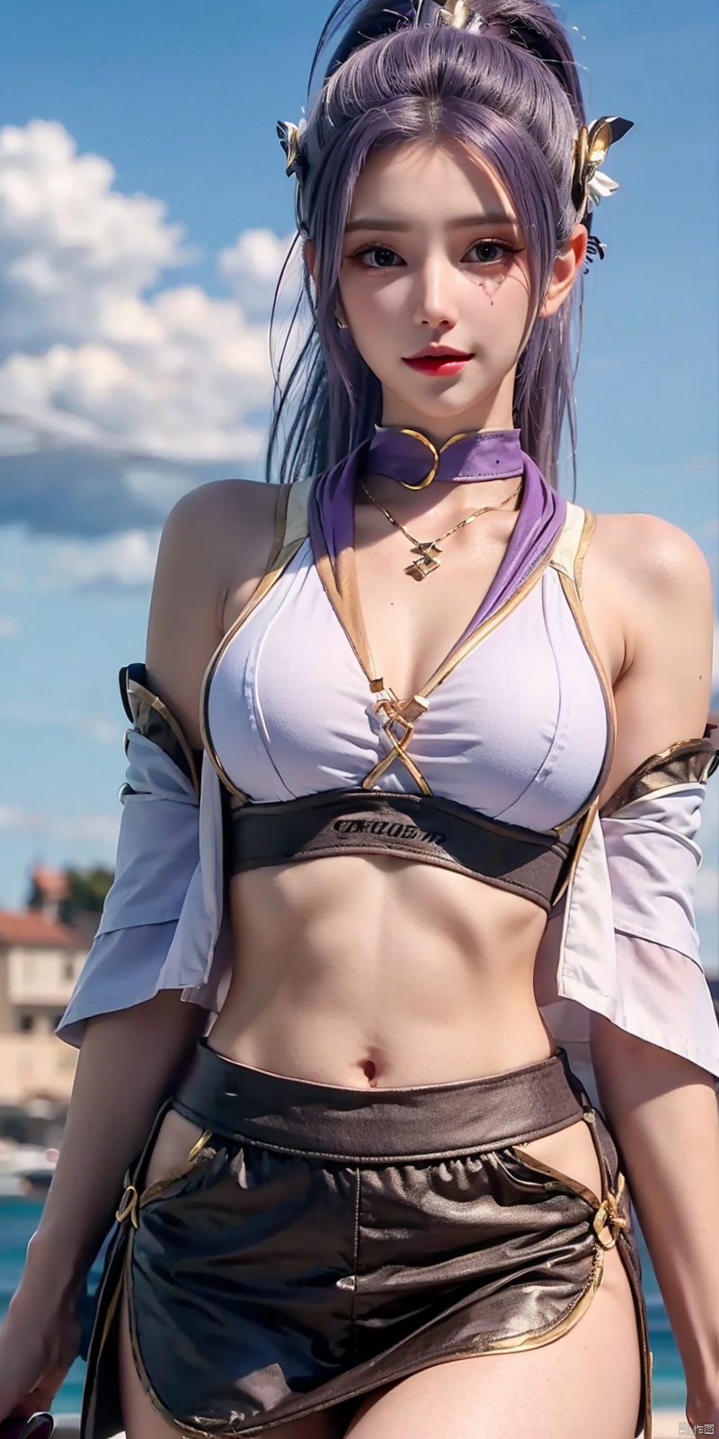 cowboy_shot,(Good structure),, Blue sky, miniskirt,white clouds, ocean,nai3, 1girl, , solo, crop top,  choker, navel, , midriff, crop top overhang, looking at viewer, , jewelry, breasts, bare shoulders, short shorts, off-shoulder shirt, off shoulder, black choker, thighs, stomach, , long hair, bracelet, short sleeves, ribbon, , collarbone, hair ribbon, medium breasts, ,,  bra strap, , hair ornament, thigh gap, necklace,  , ,kind smile, , , hanyue, high ponytail, purple hair,Dynamic pose