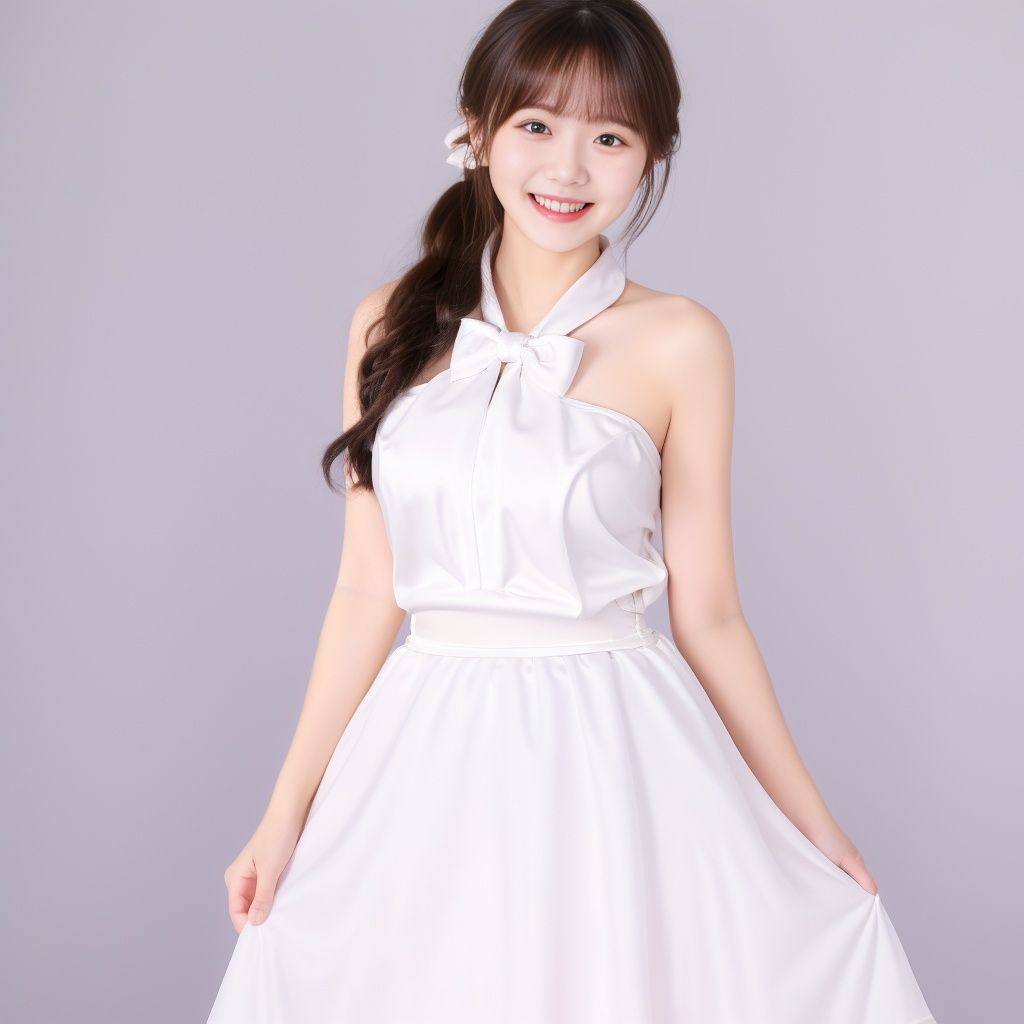 1girl,incredibly absurdres,huge filesize,solo,kind_smile,bow tied at the waist,white dress,heart_background,