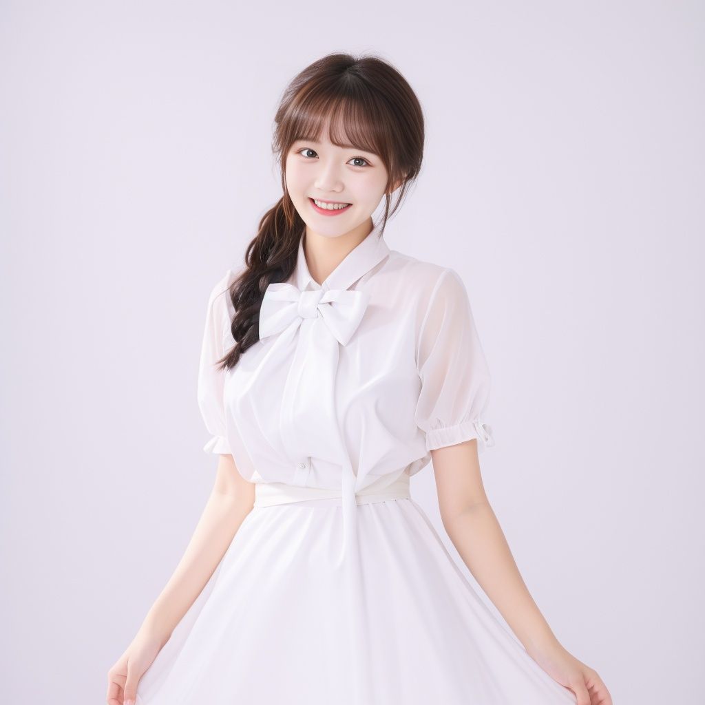 1girl,incredibly absurdres,huge filesize,solo,kind_smile,bow tied at the waist,white dress,white_background,