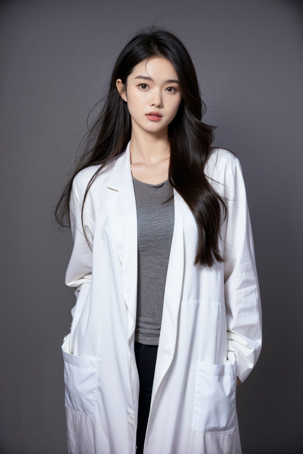 Best quality,masterpiece,ultra high res,photorealistic,1girl,MMN,MN,cho girl,1girl,solo,looking at viewer,studio light,realistic,photorealistic,lab coat,Nickel Gray,a haunted mansion with a deadly past,