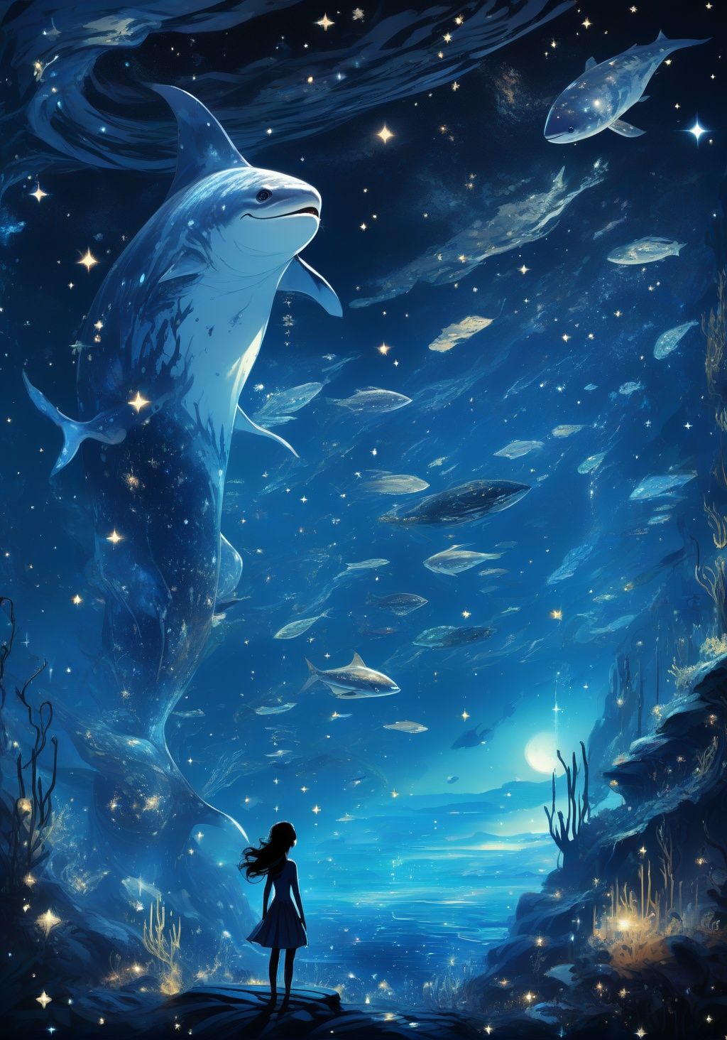 (1girl:1.3),<lora:ArienFairytaleXL-LORA:1.2>,arien_faitytale,fantastic world,undersea starry sky,