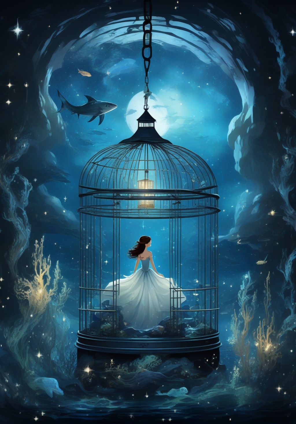 there is a girl in the cage,<lora:ArienFairytaleXL-LORA:1.2>,arien_faitytale,fantastic world,undersea starry sky,