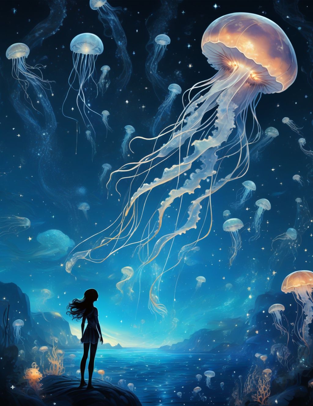 1girl,<lora:ArienFairytaleXL-LORA:1.2>,arien_faitytale,fantastic world,jellyfish,undersea starry sky,