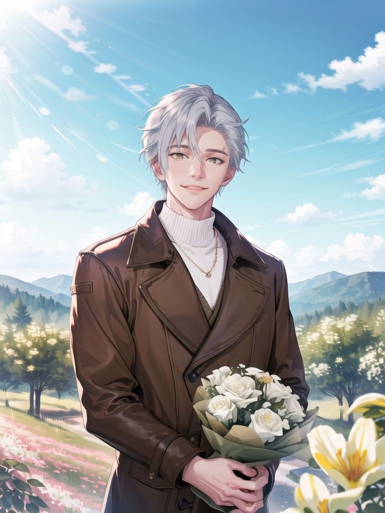 <lora:少女的王座画风:1>,sndwz,short hair,1boy,bangs,shirt,long sleeves,closed mouth,brown hair,smile,jacket,white shirt,holding,1girl,sky,long hair,outdoors,white hair,yellow eyes,cloud,watch,tree,cloudy sky,flower,wristwatch,coat,sweater,brown coat,white flower,rose,white coat,white sweater,nature,holding flower,mountain,grey sky,holding bouquet,mountainous horizon,yellow sky,, best quality,masterpiece,highres