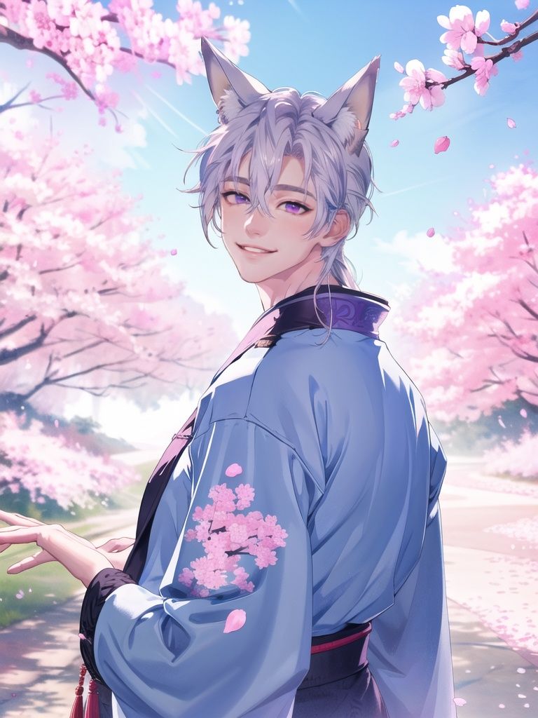 <lora:少女的王座画风:1>,sndwz,1boy, male focus, animal ears, long hair, solo, cherry blossoms, purple eyes, japanese clothes, fox ears, petals, looking at viewer, upper body, smile, fox boy, white hair, hair between eyes, bishounen, kimono, best quality,masterpiece,highres