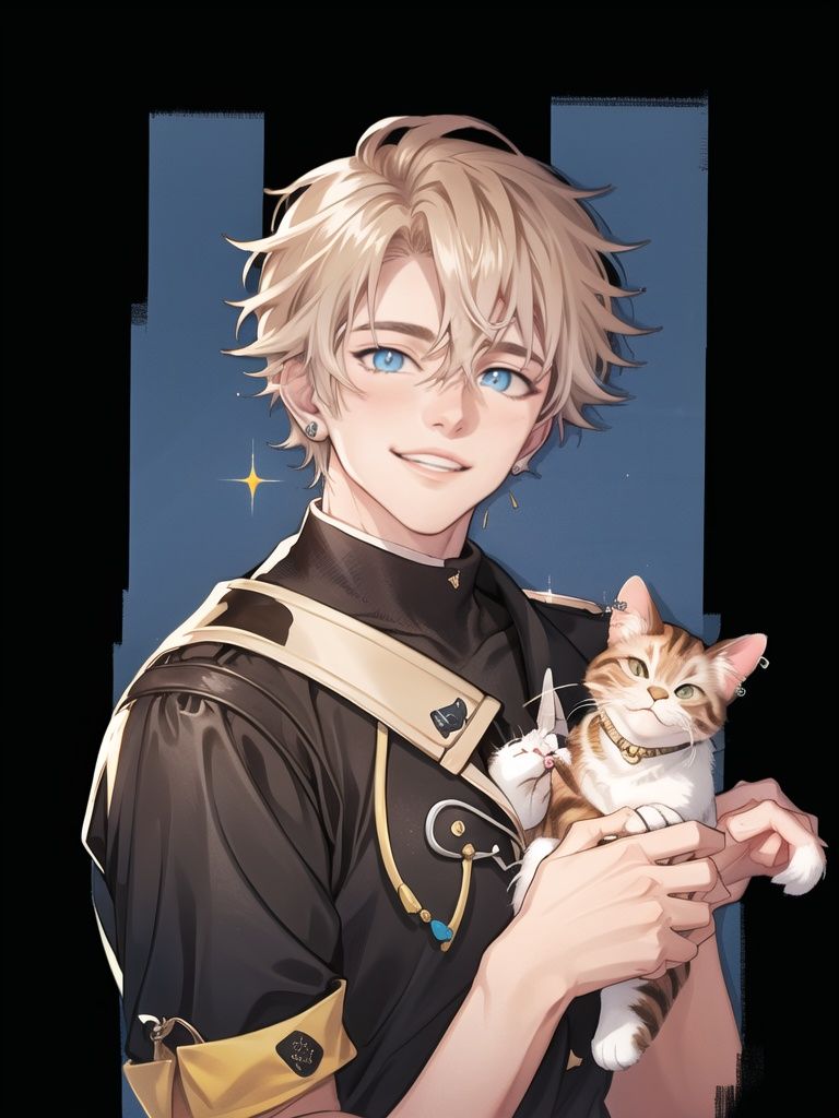 <lora:少女的王座画风:1>,sndwz,1boy, phone, holding phone, male focus, cat, short hair, shirt, cellphone, blue eyes, holding, sparkle, black shirt, upper body, ear piercing, yellow background, piercing, looking at viewer, animal, smartphone, earrings, jewelry, solo, bangs, hair between eyes, hand up, parted lips, short sleeves, blonde hair, border, simple background, brown hair, smile, white cat, best quality,masterpiece,highres