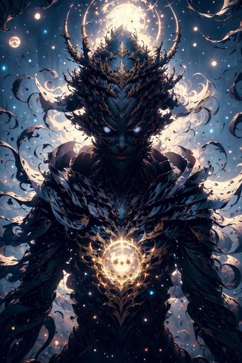 A sultry warrior with white wavy hair,  her hypnotic eyes piercing through the darkness,  her black armor glistening in th...