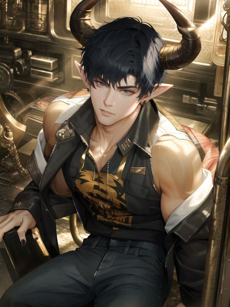 <lora:光与夜之恋画风-000009:1>,male focus,horns,pointy ears,short hair,black hair,1boy,shirt,jacket,bishounen,solo,looking at viewer,single horn,black nails,jewelry,sleeveless,pants,bangs,toned male,, best quality,masterpiece,highres