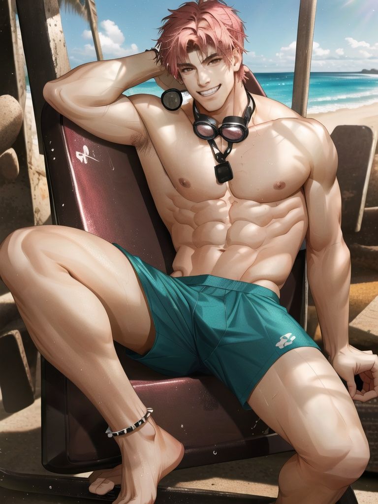 <lora:光与夜之恋画风-000009:1>,gyyzl,itadori yuuji, pink hair, undercut, solo, 1boy, smile, surfboard, spiked hair, male focus, goggles, toned male, short hair, feet, navel, toned, pectorals, male swimwear, holding, looking at viewer, anklet, jewelry, toes, barefoot, soles, brown eyes, nipples, abs, grin, goggles around neck, swim trunks, topless male, full body, cloud, best quality,masterpiece,highres