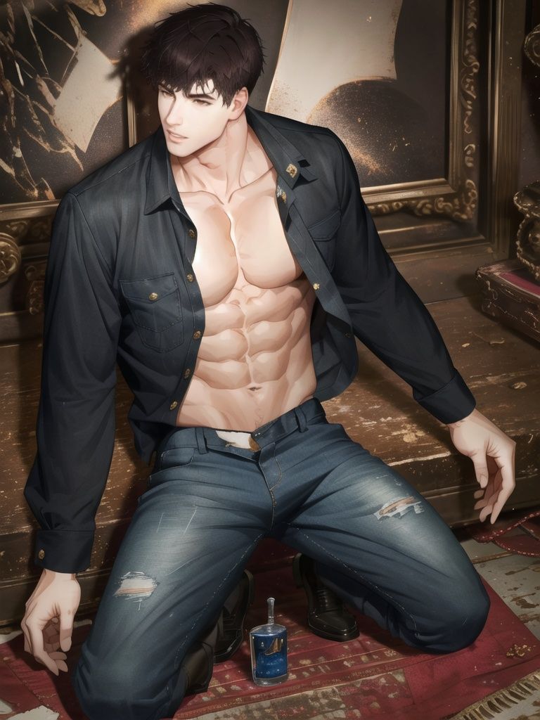<lora:光与夜之恋画风-000009:1>,gyyzl,muscular, pectorals, muscular male, 1boy, male focus, abs, bara, male underwear, solo, torn clothes, navel, nipples, pants, kneeling, short hair, large pectorals, briefs, underwear, open pants, brown hair, torn shirt, tearing clothes, shirt, brown eyes, torn pants, bulge, looking at viewer, parted lips, best quality,masterpiece,highres
