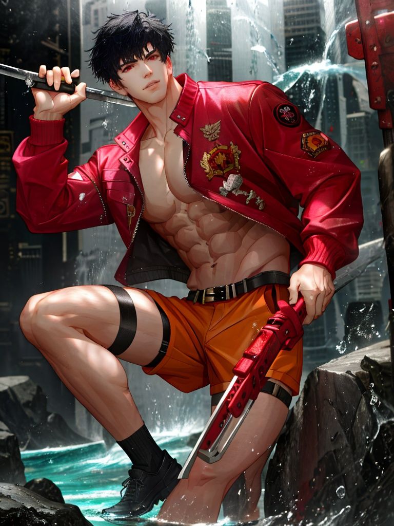 <lora:光与夜之恋画风-000009:1>,gyyzl,1boy, male focus, black hair, solo, jacket, weapon, red eyes, shorts, abs, holding, holding weapon, orange jacket, white shorts, water, navel, multicolored hair, short hair, red jacket, thigh strap, full body, gun, best quality,masterpiece,highres